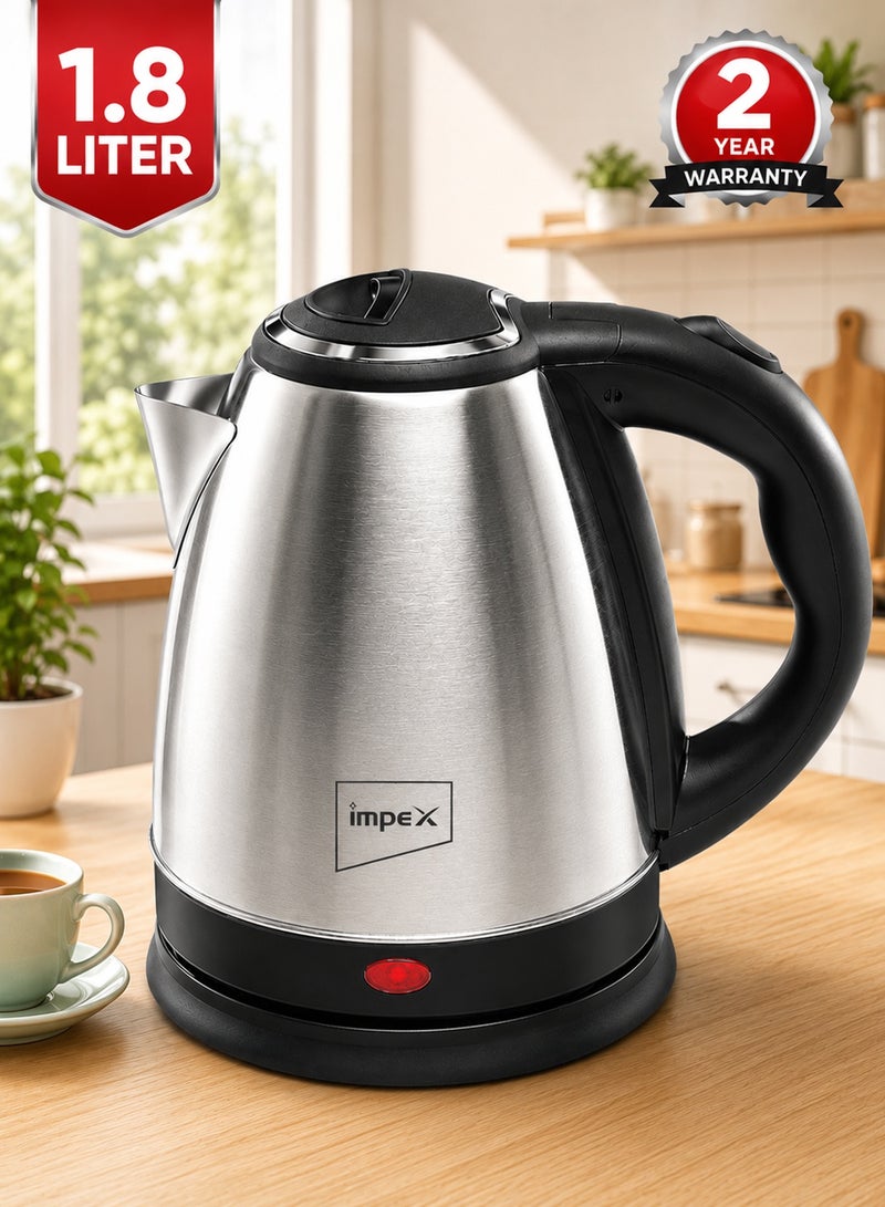 Impex Stainless Steel Electric Kettle With Triple Thermostat And Heat Resistant Handle, Quick Boiling, Hot Water, Coffee and Tea Maker Heating, Lightweight Design  1.8 Liter 1500W, 2 Year Warranty - Steamer 1803, Silver 1.8 L 1500 W 1803 Silver - Image 1