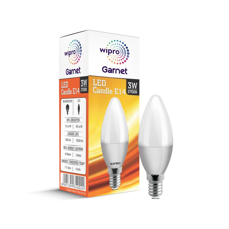 Wipro Garnet 3 W E14 Base Frosted Candle LED Bulb | Warm White (2700K) | Pack of 1 | Clear optics for sparkling effect | LED Filament Bulb for Home, office, chandellior, decorative lamp shade - Image 5