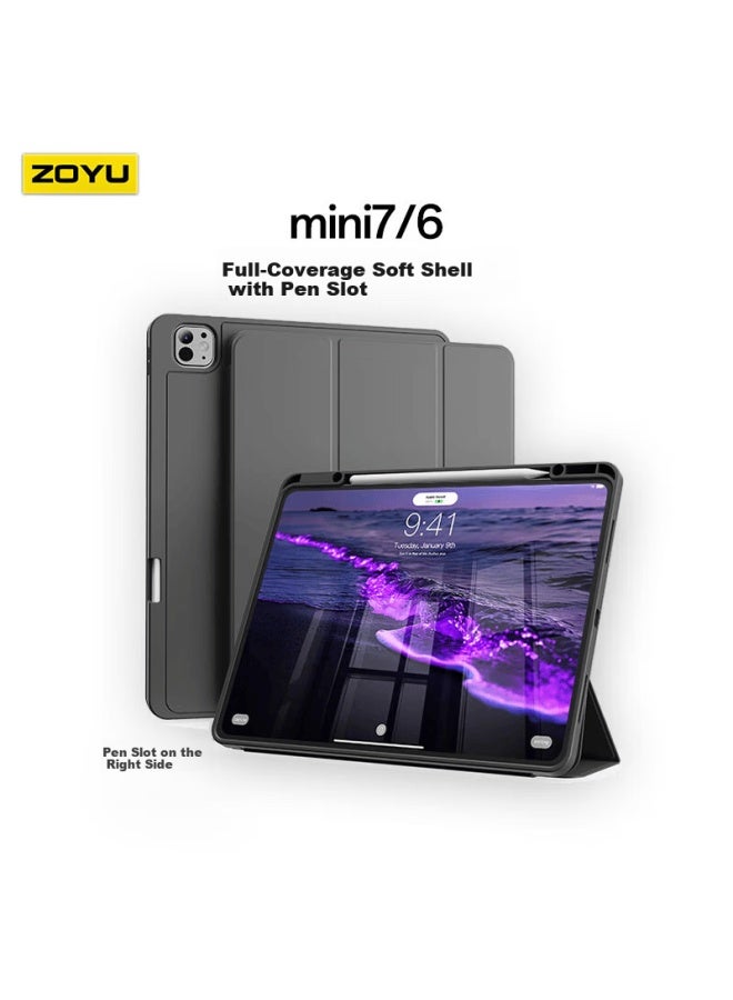 Zoyu Apple Ipad Mini 7 Case With Pencil Slot, Compatible With Mini 6, Tri-fold Full Coverage Soft Shell Tablet Case, Premium Black - Image 1