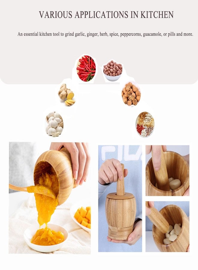Hibucuo Mortar and Pestle Set with Lid and Spoon, 100% Natura Bamboo Spice Grinder, Crush, Press, Mash Spices, Herbs, Garlic, Pepper, Guacamole, Nuts, Fruit, 4.6 inch Mortar and Pestle Set Bowl for Kitchen - Image 2