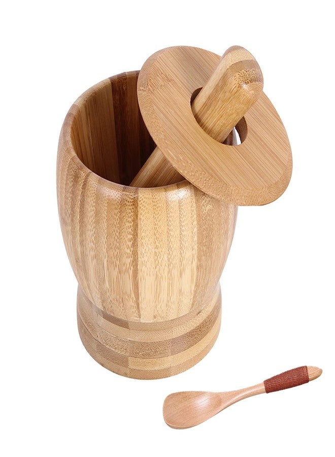 Hibucuo Mortar and Pestle Set with Lid and Spoon, 100% Natura Bamboo Spice Grinder, Crush, Press, Mash Spices, Herbs, Garlic, Pepper, Guacamole, Nuts, Fruit, 4.6 inch Mortar and Pestle Set Bowl for Kitchen - Image 1