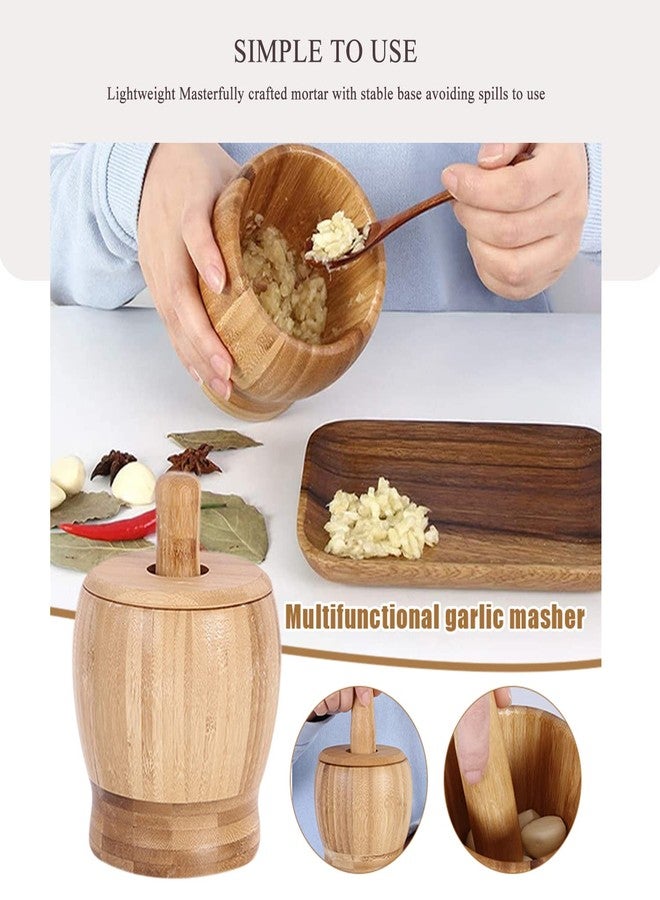 Hibucuo Mortar and Pestle Set with Lid and Spoon, 100% Natura Bamboo Spice Grinder, Crush, Press, Mash Spices, Herbs, Garlic, Pepper, Guacamole, Nuts, Fruit, 4.6 inch Mortar and Pestle Set Bowl for Kitchen - Image 3