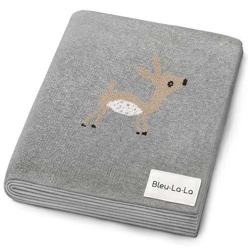 Bleu La La Knit Baby Swaddle Blanket - 100% Cotton Soft Cozy Receiving Swaddling Crib Stroller Quilt Blanket for Shower Gift Registry for Newborns, Infants, Toddlers, Unisex (Deer - Grey) - Image 1