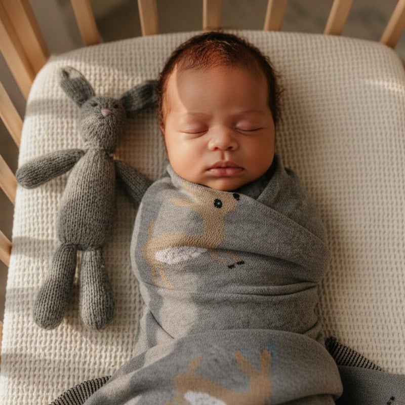 Bleu La La Knit Baby Swaddle Blanket - 100% Cotton Soft Cozy Receiving Swaddling Crib Stroller Quilt Blanket for Shower Gift Registry for Newborns, Infants, Toddlers, Unisex (Deer - Grey) - Image 4