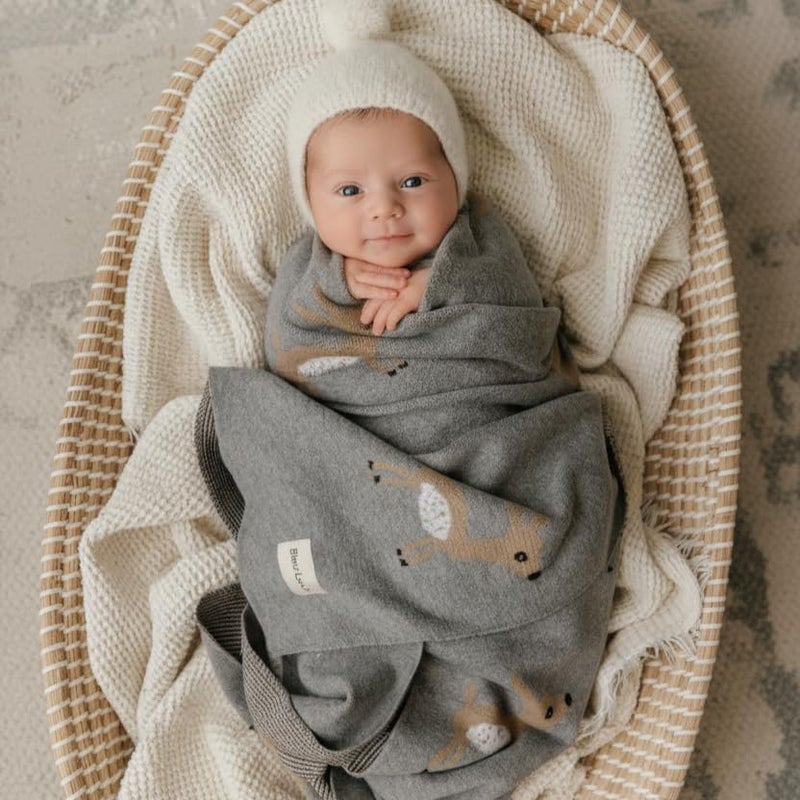Bleu La La Knit Baby Swaddle Blanket - 100% Cotton Soft Cozy Receiving Swaddling Crib Stroller Quilt Blanket for Shower Gift Registry for Newborns, Infants, Toddlers, Unisex (Deer - Grey) - Image 2
