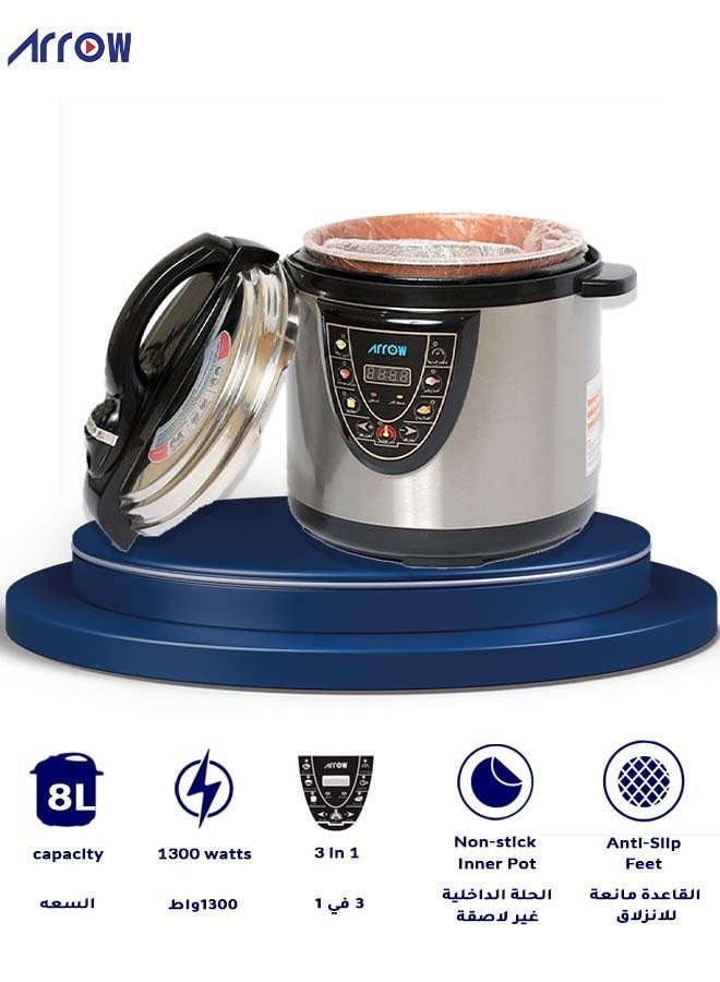 Arrow 8L MINI Electric Pressure Cooker, 1300W | Stainless Steel body | High Quality Golden Pot | Silver Color | Work as a steamer for Mandi and Manto  | Practical variety of functions| Model Name: RO-08SEC - Image 1