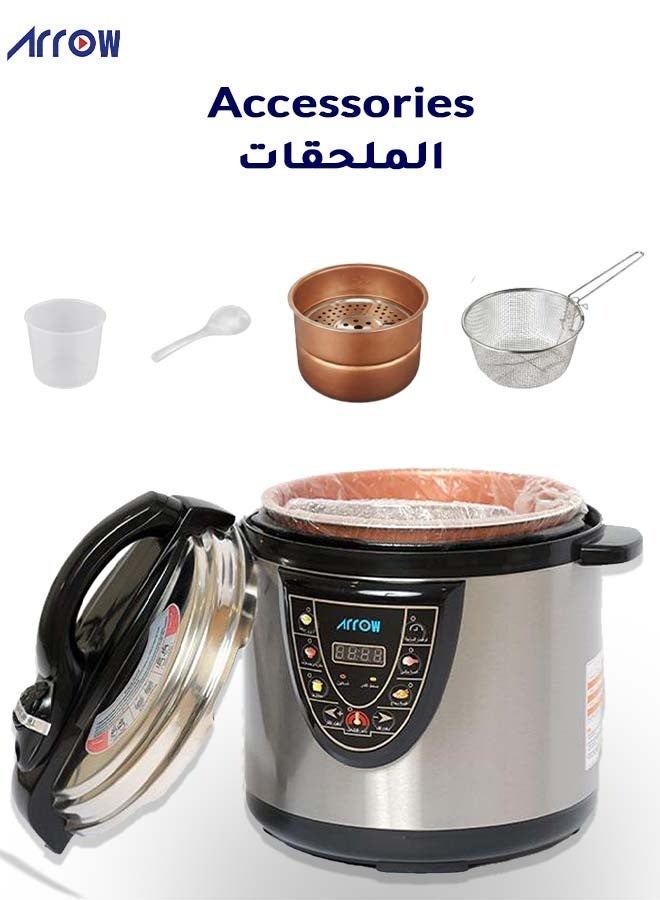Arrow 8L MINI Electric Pressure Cooker, 1300W | Stainless Steel body | High Quality Golden Pot | Silver Color | Work as a steamer for Mandi and Manto  | Practical variety of functions| Model Name: RO-08SEC - Image 2