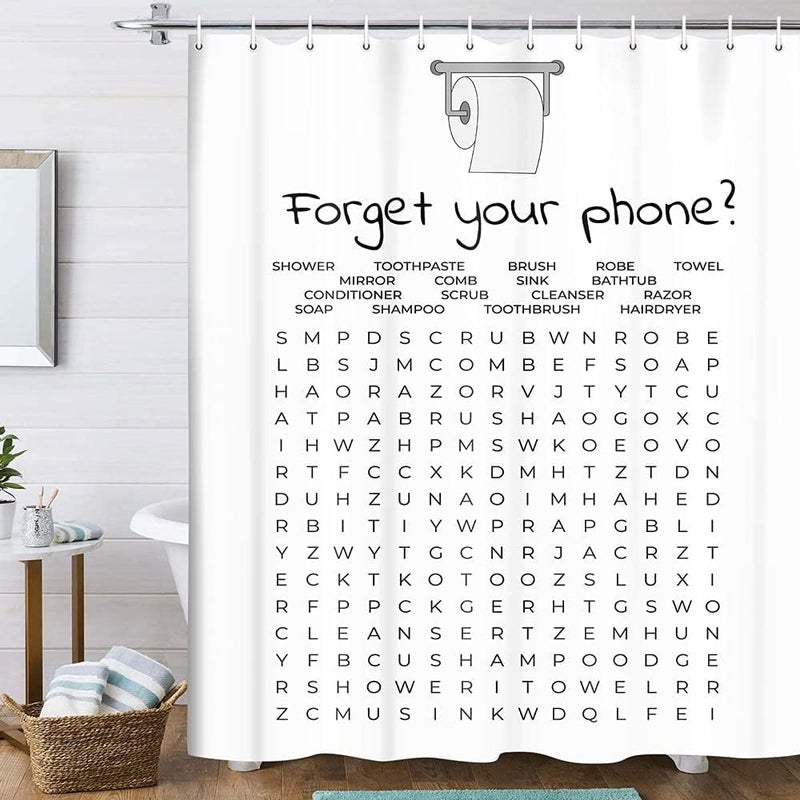 VeiVian Funny Bathroom Decor Shower Curtain Black and White Bath Curtain, Fun Bathroom Word Search Forget Your Phone Bathroom Humor Shower Curtain Fabric Bathroom Accessories with Hooks 70X70IN - Image 2