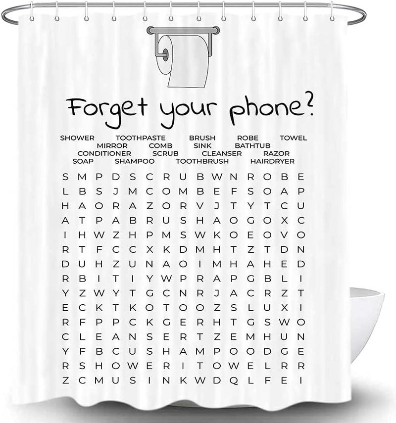 VeiVian Funny Bathroom Decor Shower Curtain Black and White Bath Curtain, Fun Bathroom Word Search Forget Your Phone Bathroom Humor Shower Curtain Fabric Bathroom Accessories with Hooks 70X70IN - Image 3