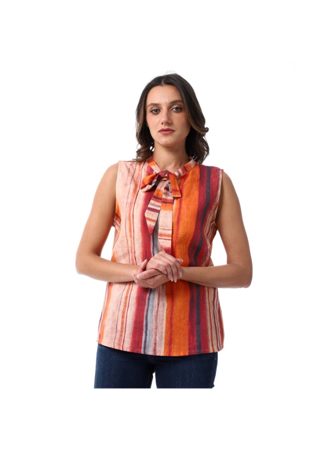 Esla Multi-Stripes Self Pattern Orange Sleeveless Mandarin Lace Up Neck Blouse  - Image 1