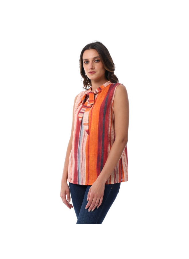 Esla Multi-Stripes Self Pattern Orange Sleeveless Mandarin Lace Up Neck Blouse  - Image 2