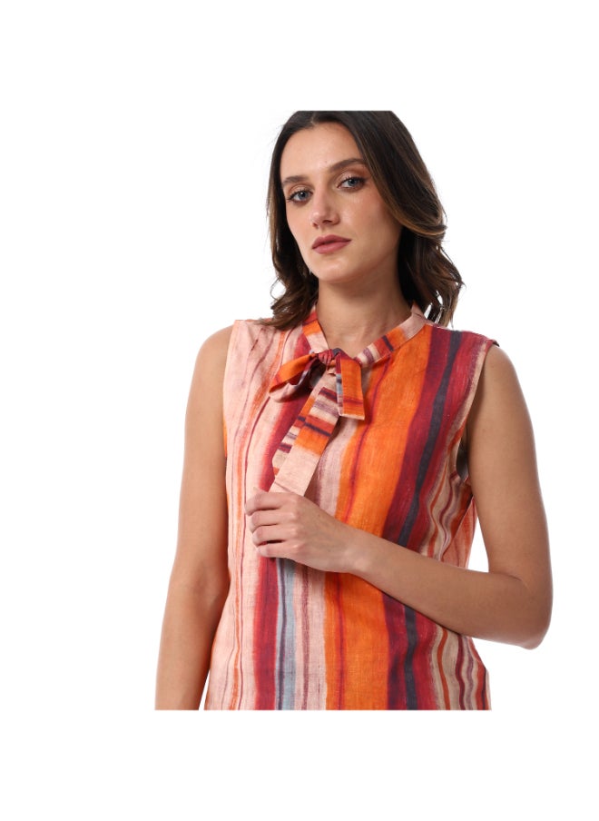 Esla Multi-Stripes Self Pattern Orange Sleeveless Mandarin Lace Up Neck Blouse  - Image 3