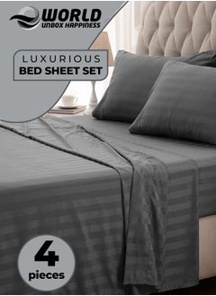 Eworld 4-Piece Luxury King Size Dark Grey Striped Bedding Set Includes 1 Duvet Cover (220x240cm), 1 Fitted Bed Sheet (200x200+30cm), and 2 Pillow Cases (48x74+5cm) for Ultimate Hotel-Inspired Sophistication  - Image 1
