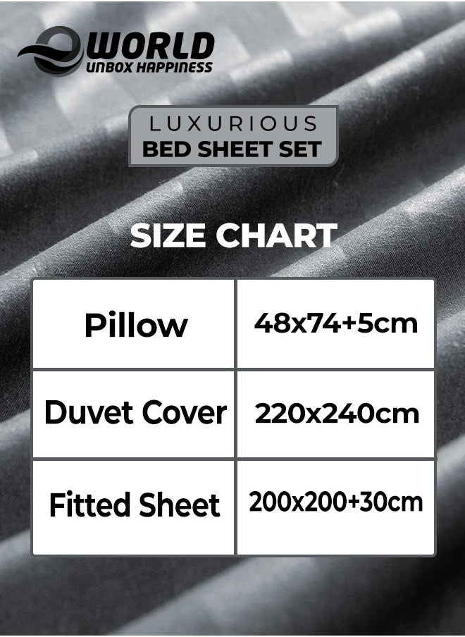 Eworld - 4-Piece Luxury King Size Dark Grey Striped Bedding Set Includes 1 Duvet Cover (220x240cm), 1 Fitted Bed Sheet (200x200+30cm), and 2 Pillow Cases (48x74+5cm) for Ultimate Hotel-Inspired Sophistication - Image 1