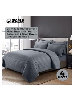 Eworld 4-Piece Luxury King Size Dark Grey Striped Bedding Set Includes 1 Duvet Cover (220x240cm), 1 Fitted Bed Sheet (200x200+30cm), and 2 Pillow Cases (48x74+5cm) for Ultimate Hotel-Inspired Sophistication  - Image 4