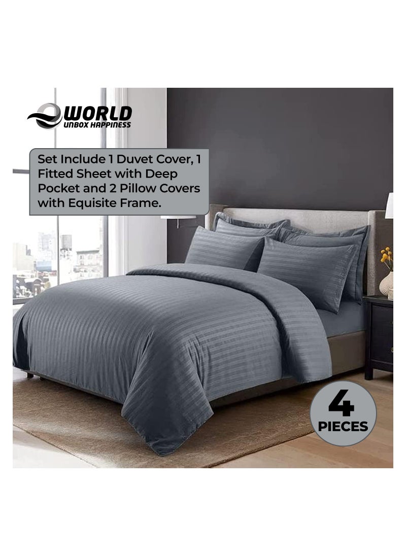 Eworld - 4-Piece Luxury King Size Dark Grey Striped Bedding Set Includes 1 Duvet Cover (220x240cm), 1 Fitted Bed Sheet (200x200+30cm), and 2 Pillow Cases (48x74+5cm) for Ultimate Hotel-Inspired Sophistication - Image 1