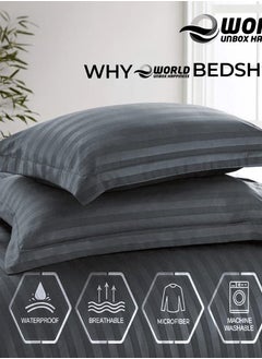 Eworld 4-Piece Luxury King Size Dark Grey Striped Bedding Set Includes 1 Duvet Cover (220x240cm), 1 Fitted Bed Sheet (200x200+30cm), and 2 Pillow Cases (48x74+5cm) for Ultimate Hotel-Inspired Sophistication  - Image 3