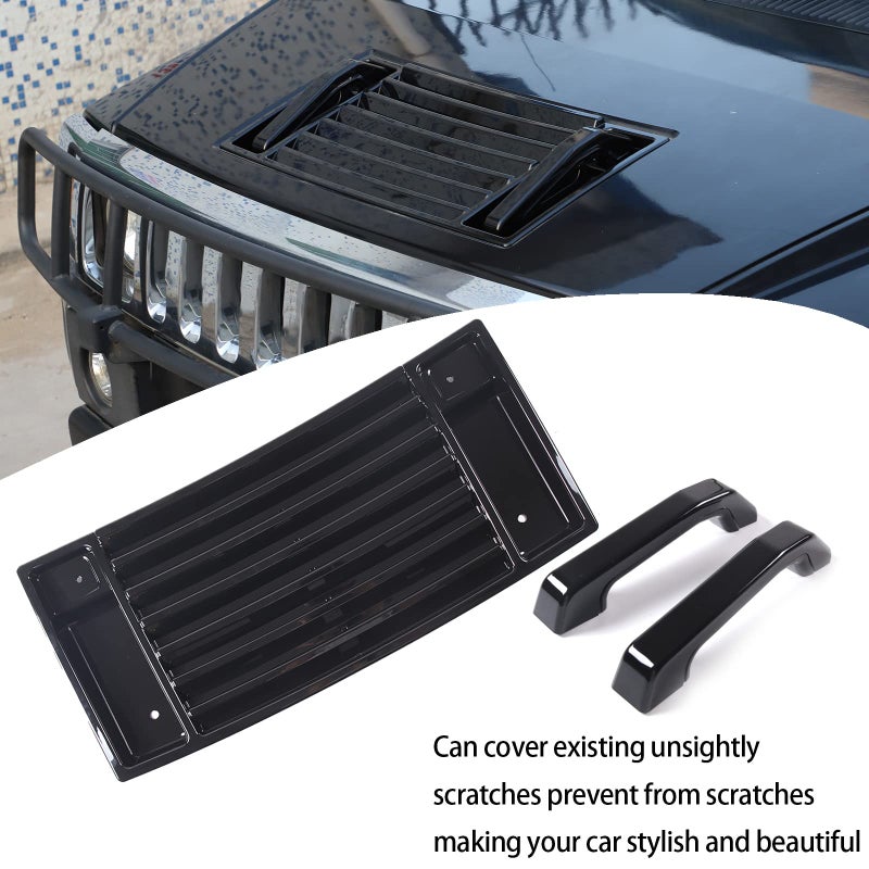 Generic Lcojicep Hood Deck Vent Panel Covers Trim Moulding Compatible with Hummer 2003-2009 H2 Front Hood Vent Louver Cover, Front Hood Grille Trim (Hood Vent Panel & Handle Kit, Piano Black)  - Image 2