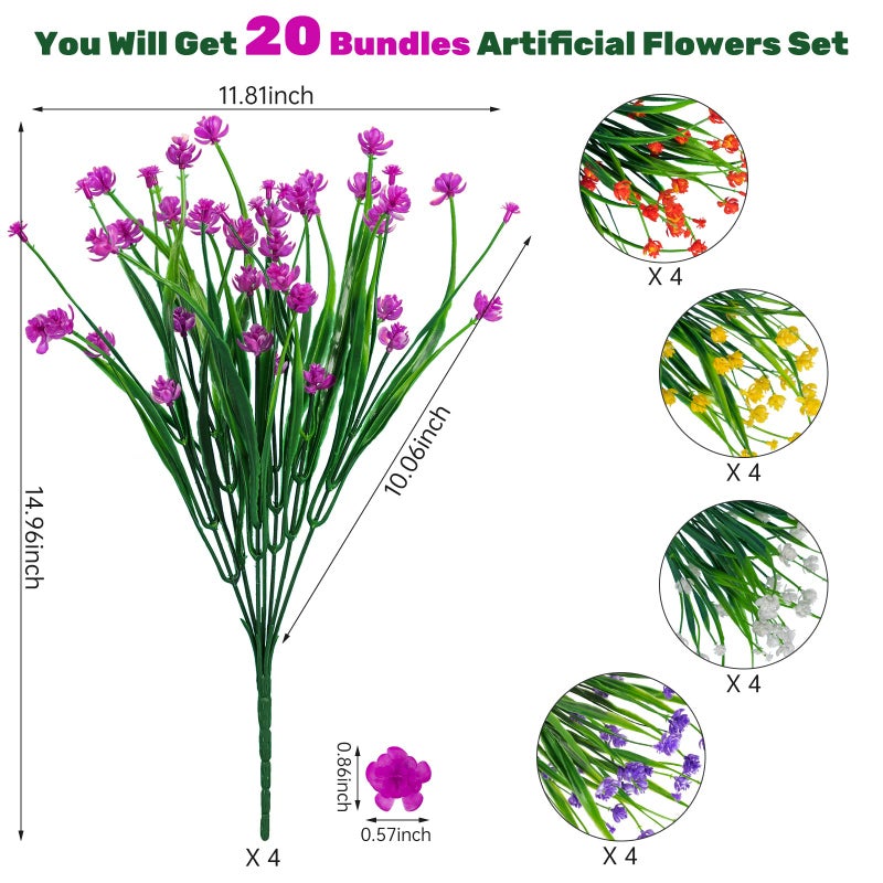 Lnoicy 20pcs Artificial Fake Flowers Plastic Flowers for Outdoor Decoration  UV Resistant Faux Flowers Shrubs  Artificial Plants for Indoor Outside Garden Home Wedding Farmhouse(5 Color) - Image 2