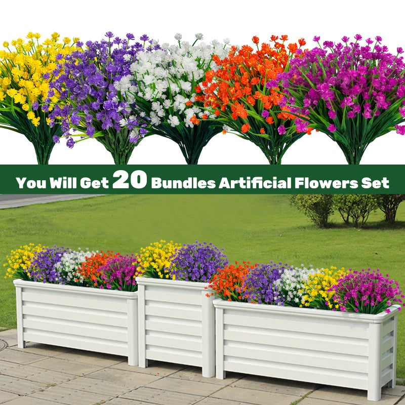 Lnoicy 20pcs Artificial Fake Flowers Plastic Flowers for Outdoor Decoration  UV Resistant Faux Flowers Shrubs  Artificial Plants for Indoor Outside Garden Home Wedding Farmhouse(5 Color) - Image 3