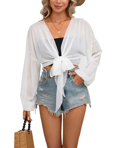 olrain Women Tie Front Beach Cove Up Chiffon Kimono Crop Top Swimming Bikini Bathing Long Sleeve Beach Shirt (Large, White) - Image 1