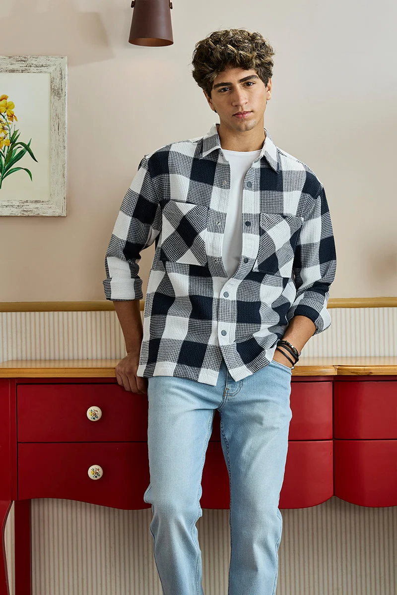 سنيتش Navy Checkered Long Sleeve Relaxed Overshirt