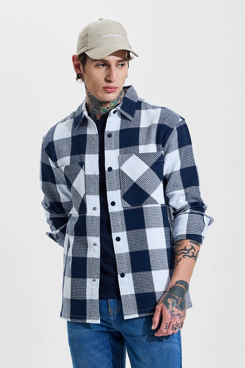 سنيتش Navy Checkered Long Sleeve Relaxed Overshirt