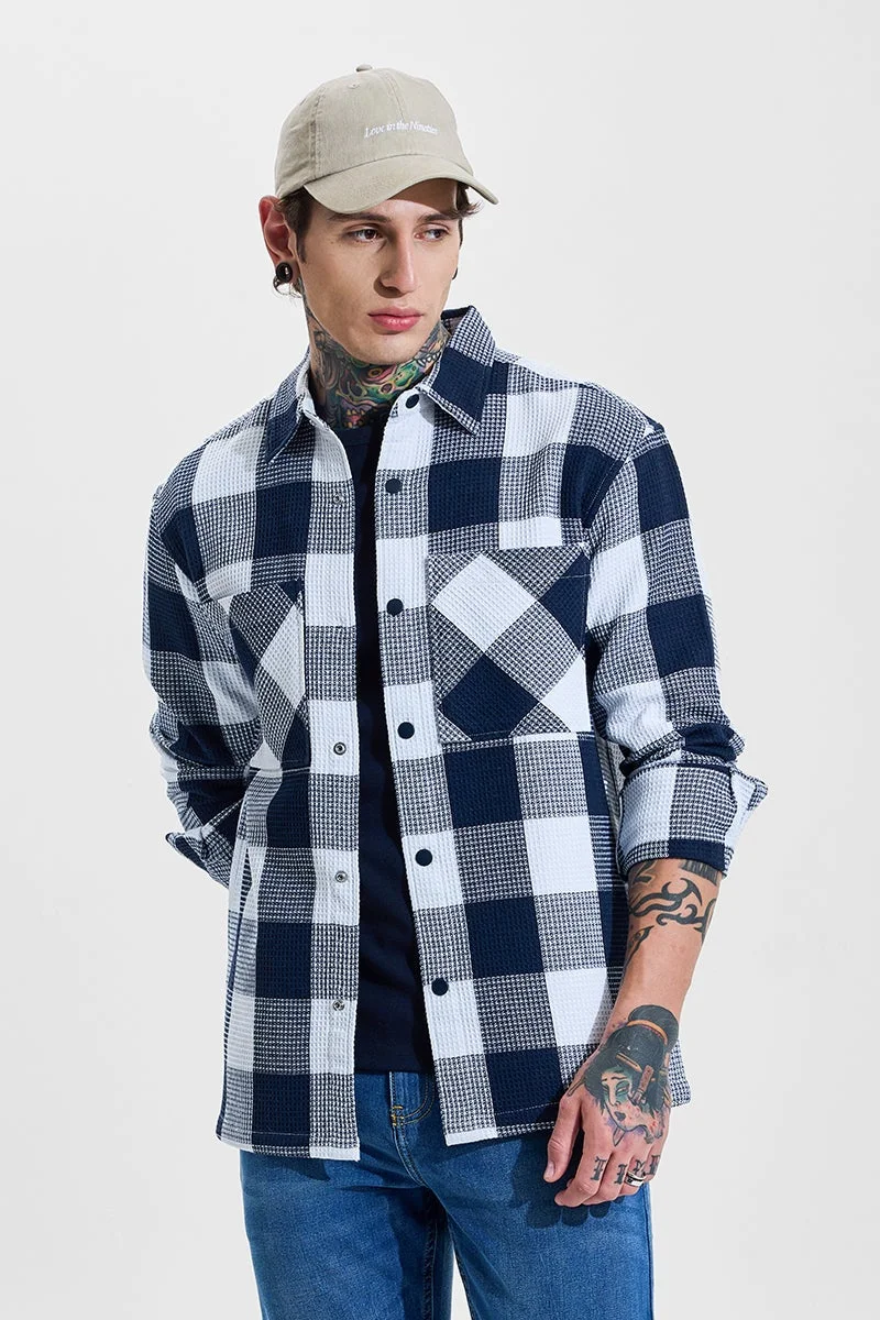 سنيتش Navy Checkered Long Sleeve Relaxed Overshirt