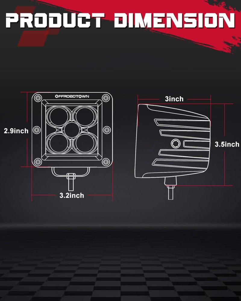 OFFROADTOWN LED Cubes, 2PCS 3 Inch 100W CREE LED Pods Spot Beam Driving Lights Led Cube Lights Off Road Light Fog Light Reverse Lighting Ditch Lighting for Trucks UTV SUV Off Road Boat - Image 2