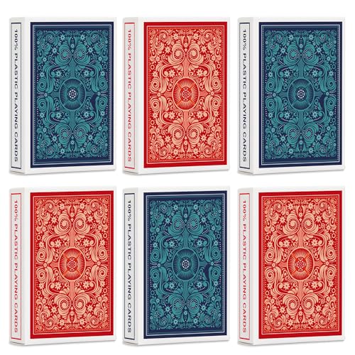 Timenued Playing Cards 6 PackPlastic Waterproof Playing Cards Bulk for Adults6 Decks of Poker Cards Professional SetWide Poker Size Regular Index3 Blue 3 Red - Image 1