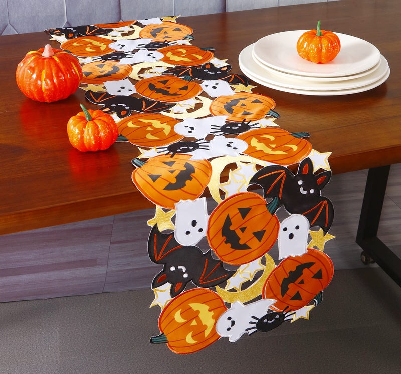 GRANDDECO Holiday Halloween Table Runner 13""x36""  Cutwork Applique Embroidered Pumpkins and Bats Dresser Scarf for Home Dining Autumn Thanksgiving Tabletop Decoration - Image 4