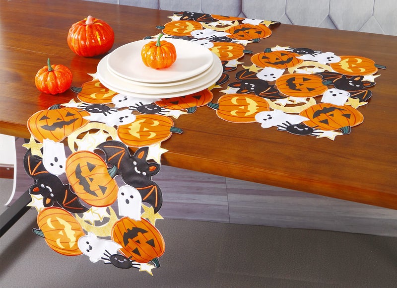GRANDDECO Holiday Halloween Table Runner 13""x36""  Cutwork Applique Embroidered Pumpkins and Bats Dresser Scarf for Home Dining Autumn Thanksgiving Tabletop Decoration - Image 3