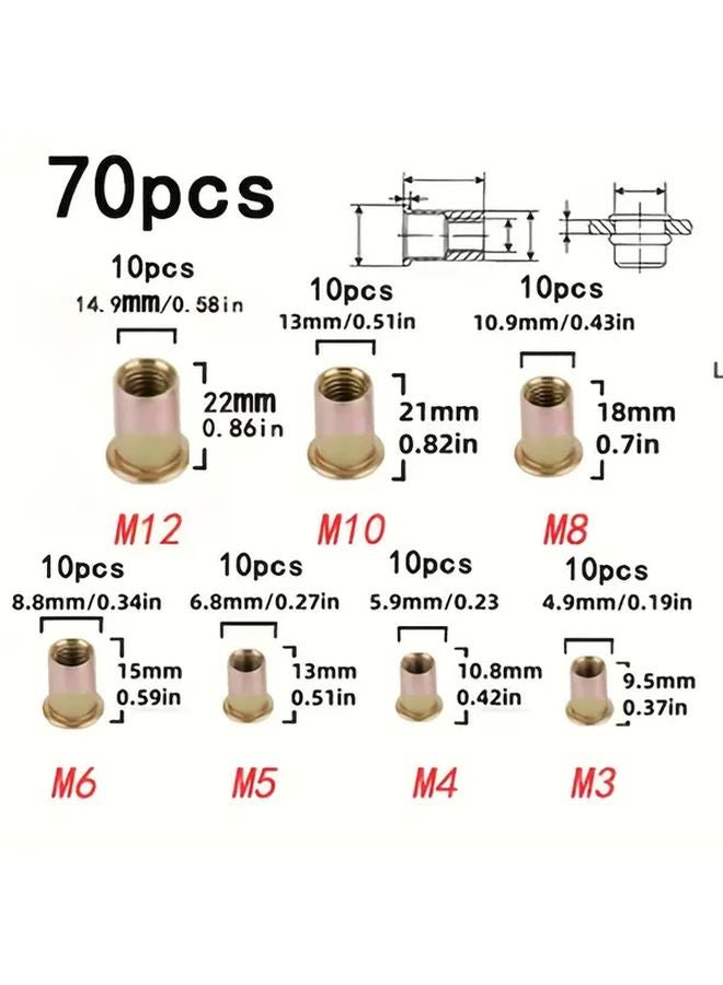 70 قطعة مجموعة صواميل M3 M12 مع مسدس برشام يدوي لأدوات توصيل المعادن في السيارات والمنزل - Image 1