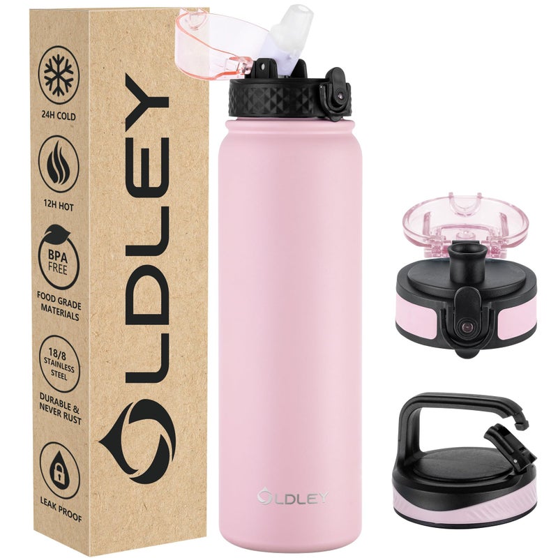 OLDLEY Stainless Steel Water Bottle with Straw 1L Vaccum Insulated Large Drink Flask Metal Water Bottles 1 Litre Leakproof Keep Drinks Hot Cold for Sports Gym Travel with Different LidsPink 3 Lids
