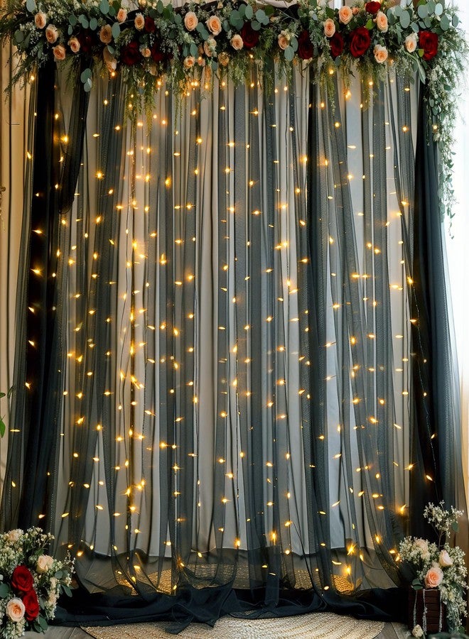 Suppromo Black Sheer Backdrop Curtains with Lights String for Birthday Party 10ft × 8ft Black Tulle Backdrop Curtain for Baby Shower Halloween Photo Shoot Decorations - Image 1
