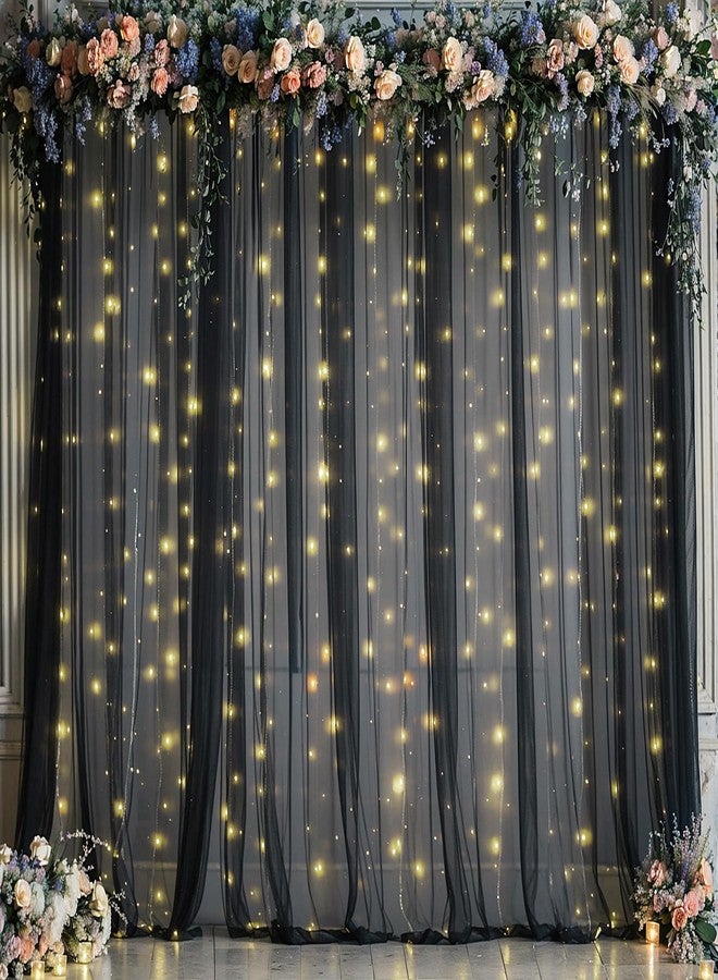 Suppromo Black Sheer Backdrop Curtains with Lights String for Birthday Party 10ft × 8ft Black Tulle Backdrop Curtain for Baby Shower Halloween Photo Shoot Decorations - Image 4