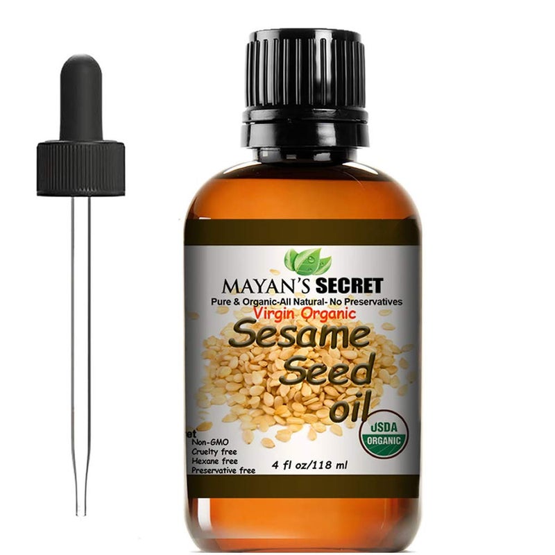 Mayan's Secret زيت السمسم العضوي البكر المعتمد من وزارة الزراعة الأمريكية من مايان - غير مكرر 100% نقي وطبيعي للبشرة والجسم والوجه ونمو الشعر زجاجة كبيرة سعة 4 أونصات - Image 1