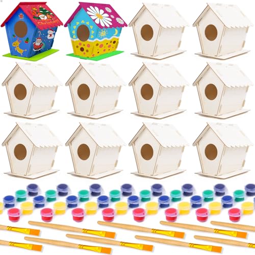 hapray 12 Pack Bird House Kit DIY Birdhouse Kits Wooden Crafts Arts for Children to Build and Paint Includes Paints Brushes for Kids Girls Boys Toddlers Halloween Christmas Gift - Image 1