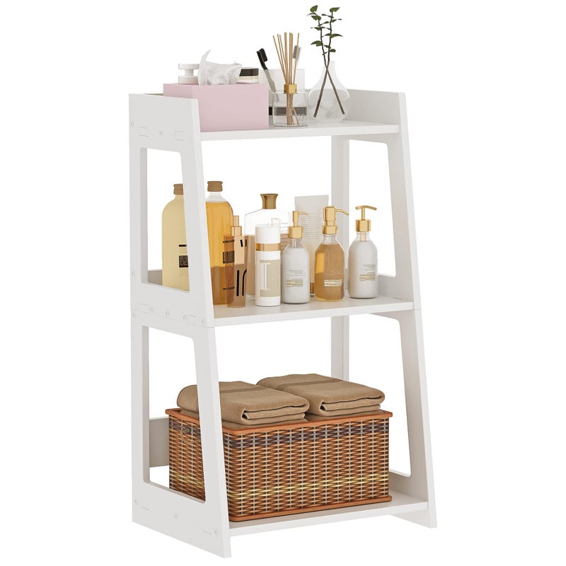 POBOMULI 3-Tier Bathroom Ladder Shelf Freestanding, White Floor Shelves Open Shelving Unit, Small Bookshelf Nightstand for Home Study Laundry Room (11.8" D x 15.7" W x 27.6" H) - Image 1