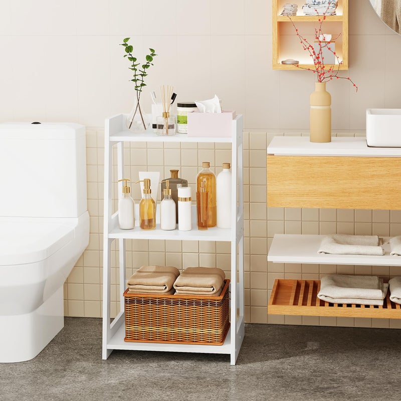 POBOMULI 3-Tier Bathroom Ladder Shelf Freestanding, White Floor Shelves Open Shelving Unit, Small Bookshelf Nightstand for Home Study Laundry Room (11.8" D x 15.7" W x 27.6" H) - Image 3