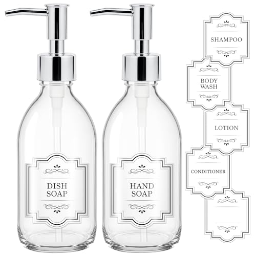 Homepicker 8 oz Clear Glass Pump Bottle, 250ml Small Lotion Dispenser Bottle for Body Massage Oil, Refillable Empty Hand and Dish Soap Dispensers Set with Plastic Silver Pump, Labels - 2 Pack - Image 1