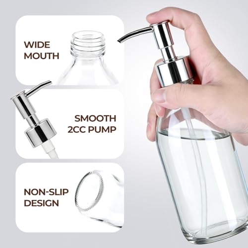 Homepicker 8 oz Clear Glass Pump Bottle, 250ml Small Lotion Dispenser Bottle for Body Massage Oil, Refillable Empty Hand and Dish Soap Dispensers Set with Plastic Silver Pump, Labels - 2 Pack - Image 5
