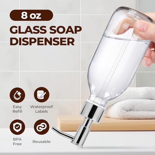 Homepicker 8 oz Clear Glass Pump Bottle, 250ml Small Lotion Dispenser Bottle for Body Massage Oil, Refillable Empty Hand and Dish Soap Dispensers Set with Plastic Silver Pump, Labels - 2 Pack - Image 4