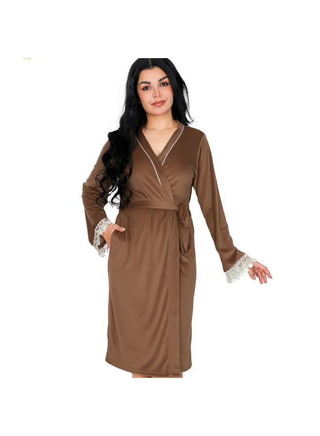 Dadoush Women's short velvet nightgown with long sleeves and lace, plain women's kimono from Dadoush - Image 3