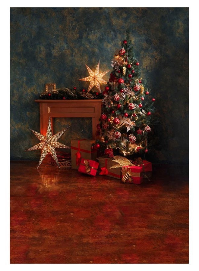 Allenjoy 5x7ft Vinyl Vintage Christmas Tree Backdrop Rustic Wall Sparkle Stars Winter Holiday Xmas Photography Background for Portrait Pictures Family Party Decorations Photo Booth Studio Props - Image 1