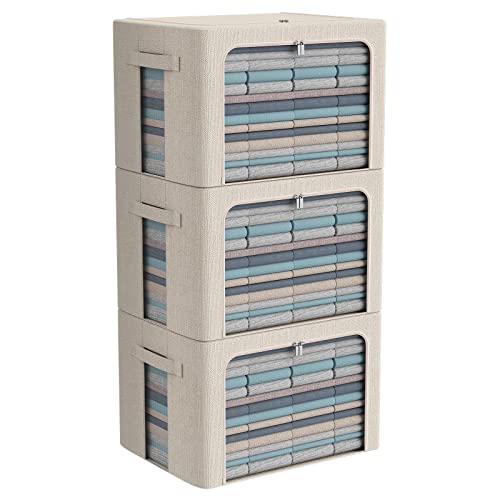 CYhom 3Pack Foldable Storage Bins - Frame Storage Box Linen Fabric Stackable Clothes Container Organizer with Clear Window & Carry Handles Large Capacity (Large-66L, Beige) - Image 1