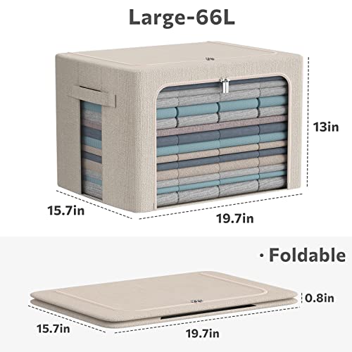 CYhom 3Pack Foldable Storage Bins - Frame Storage Box Linen Fabric Stackable Clothes Container Organizer with Clear Window & Carry Handles Large Capacity (Large-66L, Beige) - Image 4