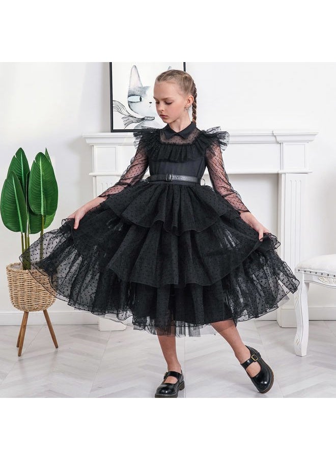 Sunny Fashion Girls Black Lace Long Sleeve Organza Ruffle Polka Belt Size 12  - Image 2
