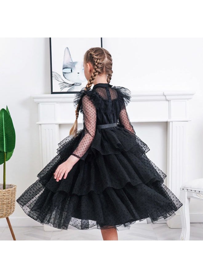 Sunny Fashion Girls Black Lace Long Sleeve Organza Ruffle Polka Belt Size 12  - Image 4
