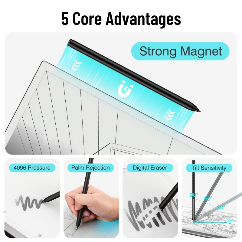 abasuto Magnetic Stylus Pen for Remarkable 2 Pen with Eraser, Digital Replacement Pen for Remarkable 2 Stylus Alternative Marker Plus, 4096 Pressure Sensitivity, Palm Rejection, Tilt Support with 5 Pen Tips - Image 3